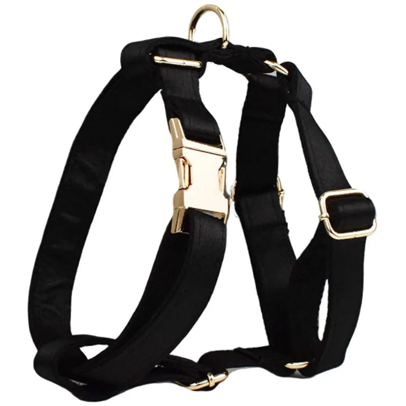 Cloth dog collar and leash set with matching harness vest and decorative bow in assorted colours.