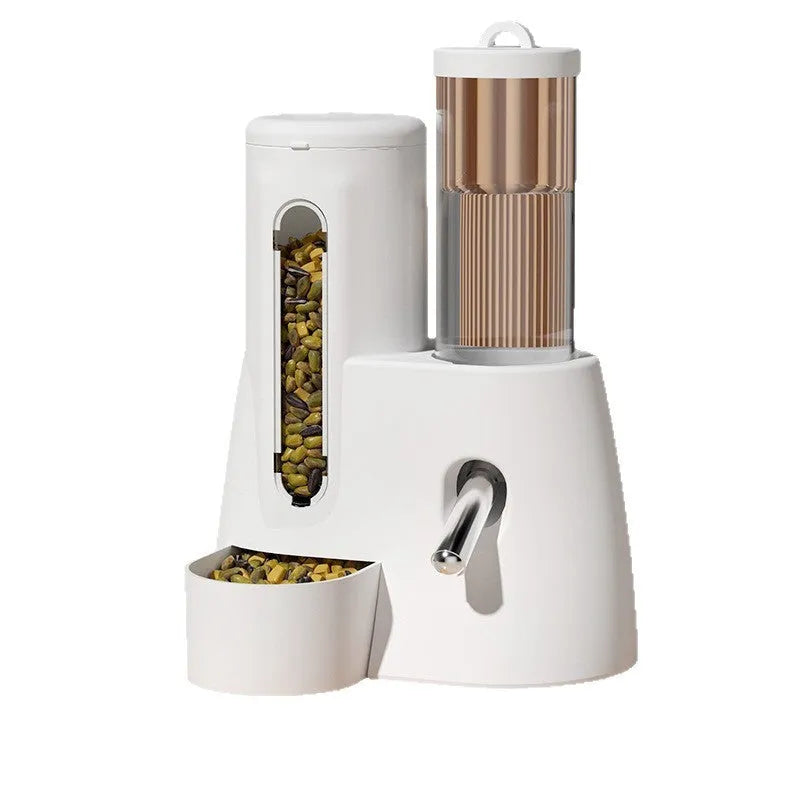 White automatic hamster drinking water feeder with integrated food basin on a stable base.