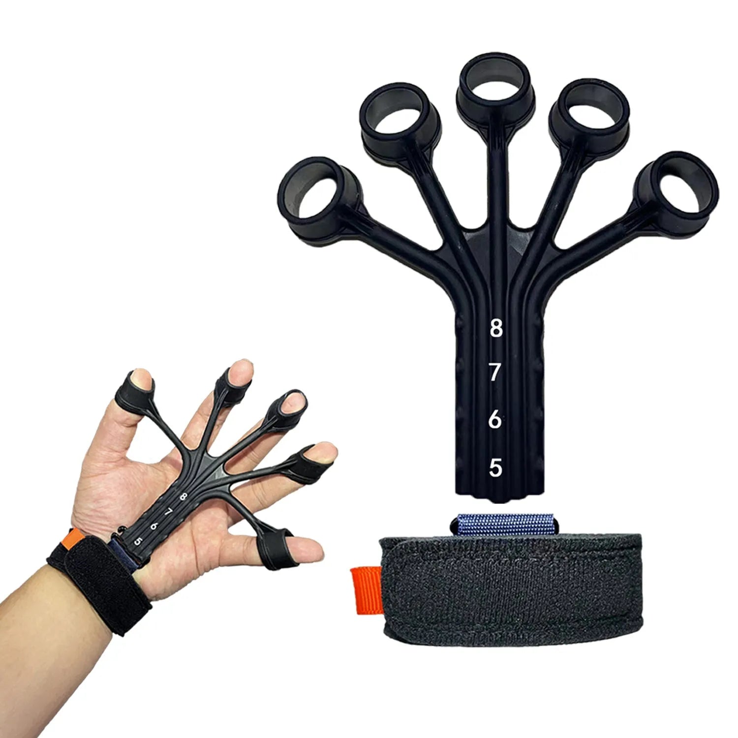 Black silicone finger rehabilitation trainer with adjustable resistance band for flexion and extension exercises