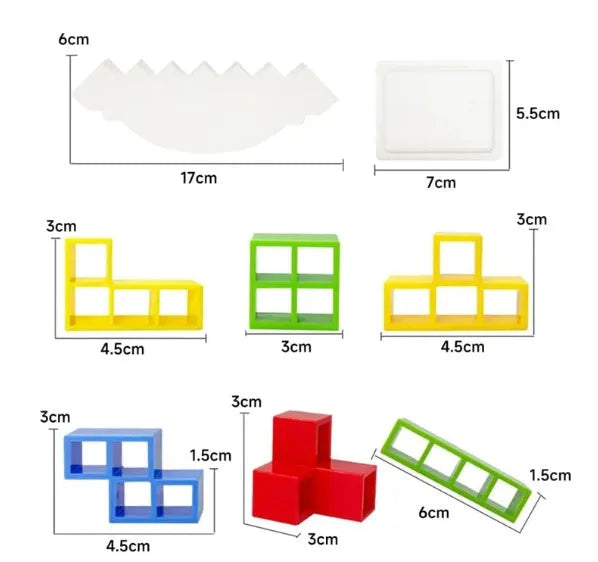 Balance stacking game with 16 plastic building blocks, chassis, and base on a table