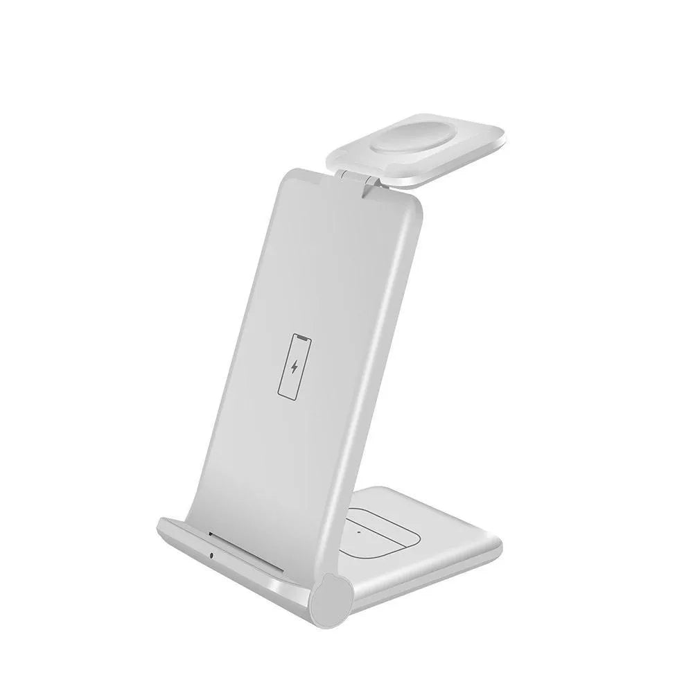 3 in 1 wireless charging station showing iPhone, AirPods and Apple Watch charging simultaneously
