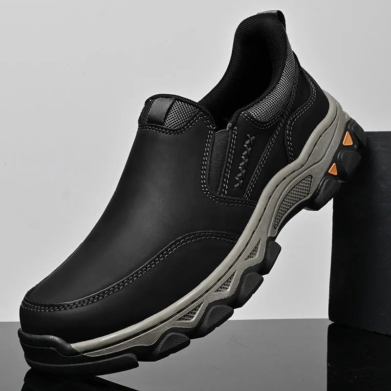 Men's casual flat heel shoes with round toe and rubber sole in black, brown, or grey