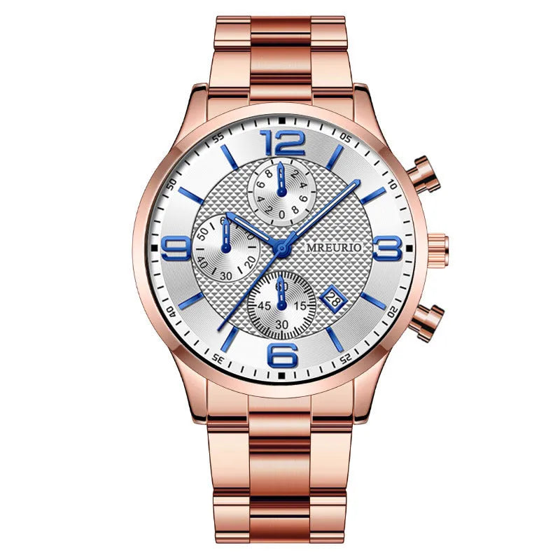 Fashion Numbers Three-eye Calendar Men's Watch with black dial and silver case, 9.5mm thickness