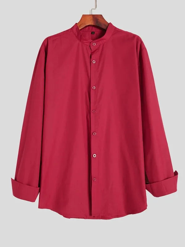 Men's red stand-up collar casual shirt in Chinese style, front view, shown on model
