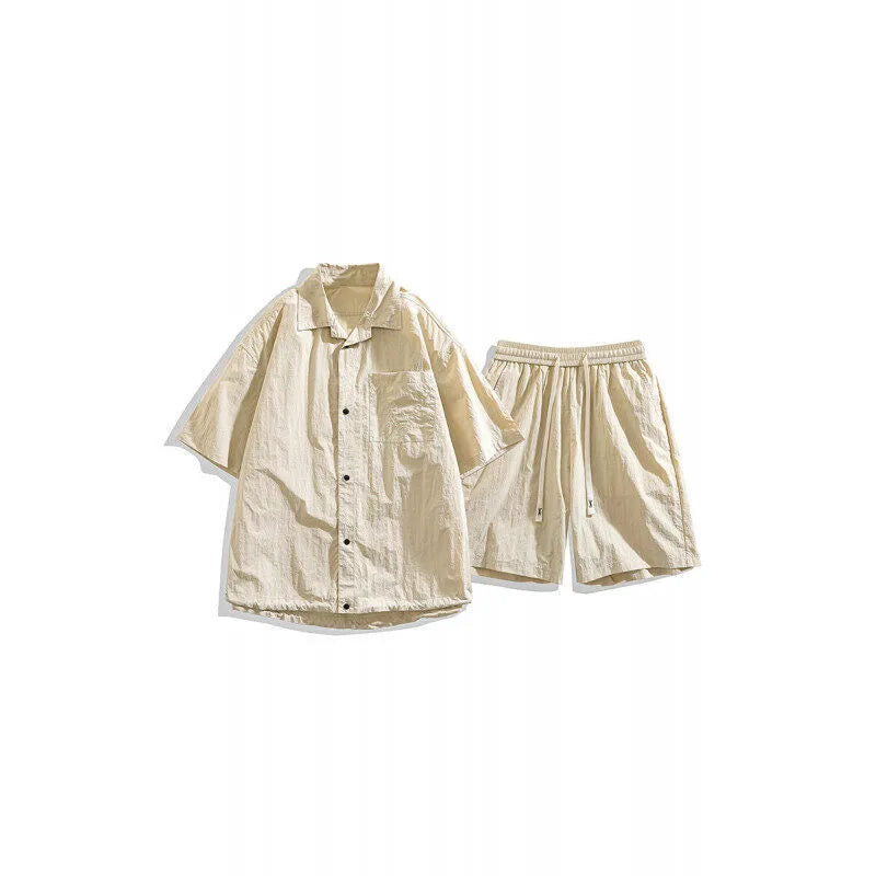 Men's loose casual shirt and shorts two-piece set in khaki, with nylon fabric, front view