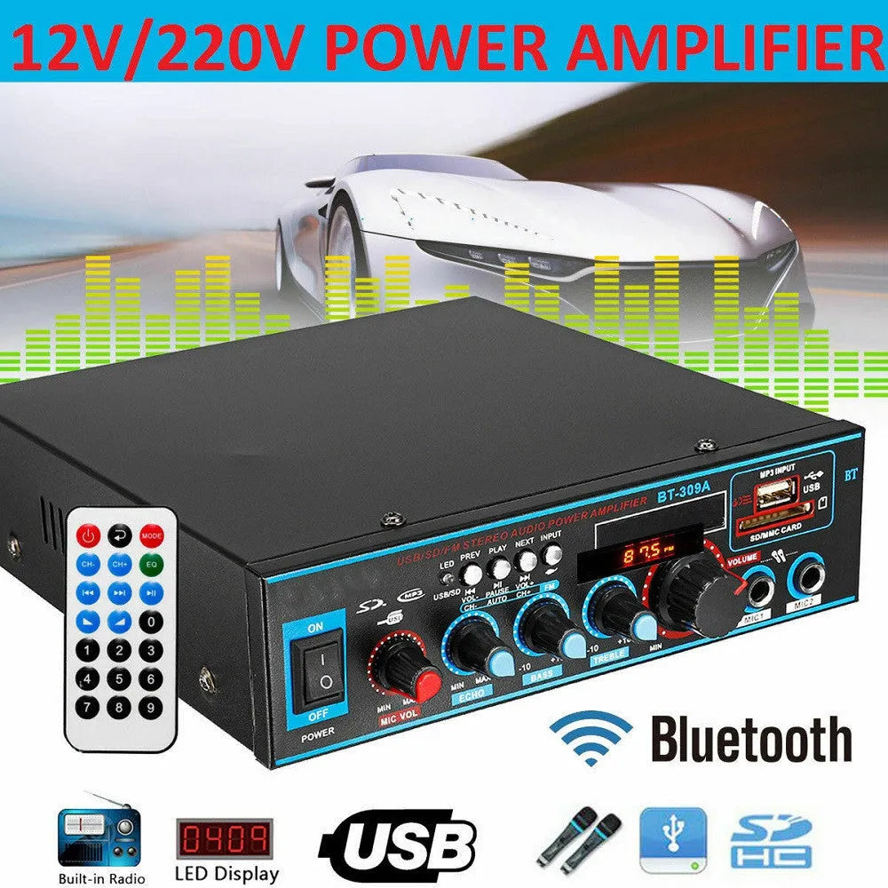 BT-309A-A black dual-voltage Bluetooth power amplifier with recording function
