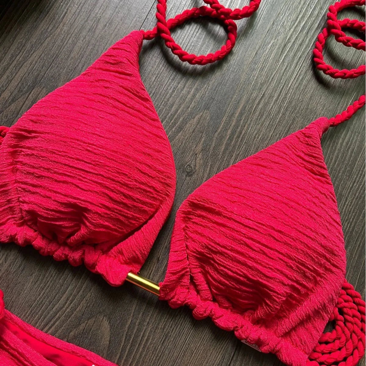 Women's solid colour braided rope bikini suit with cotton lining and nylon fabric for swimming