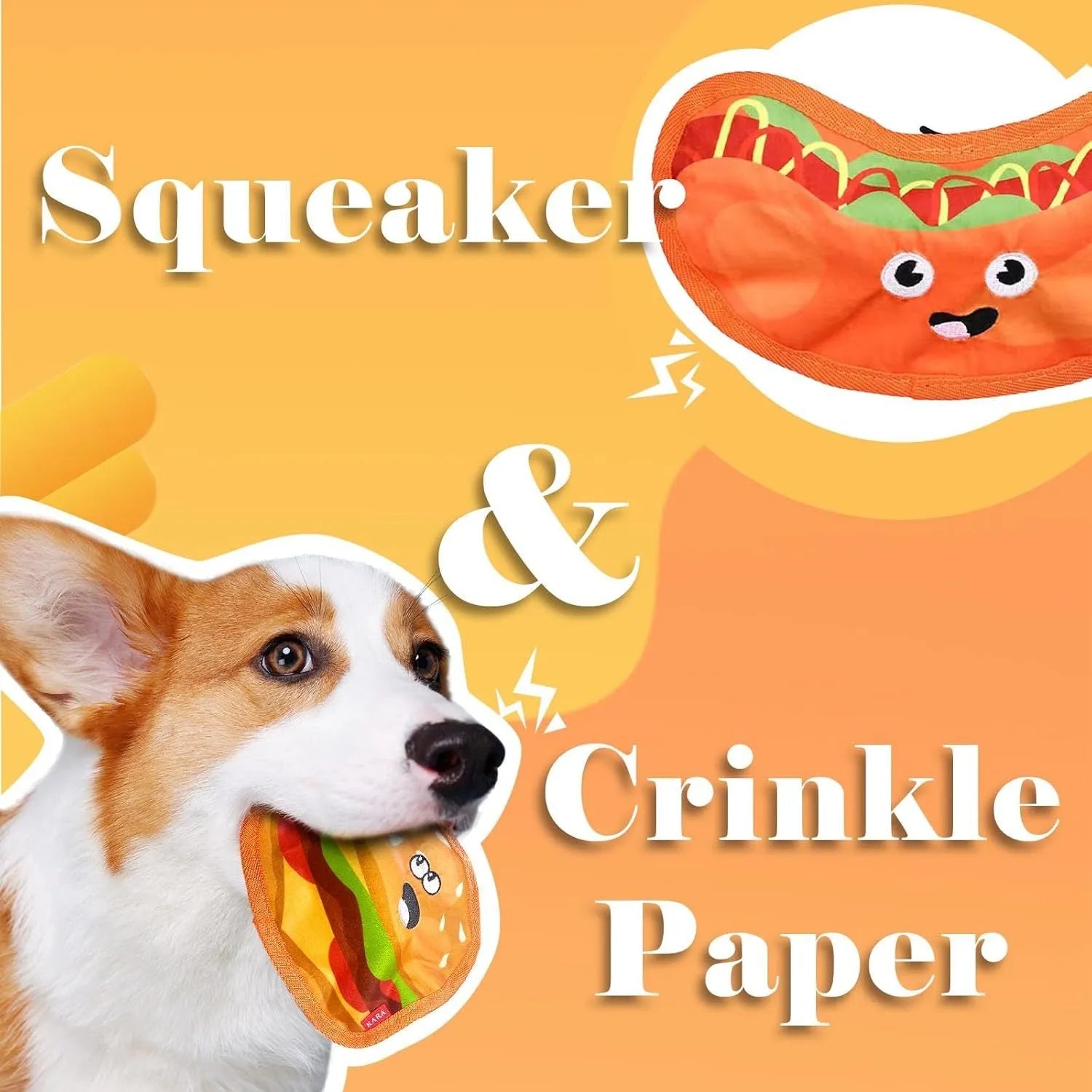 Food-themed dog chew toy in a hamburger design with red, yellow, and green colours, showcasing its no-stuffing construction.