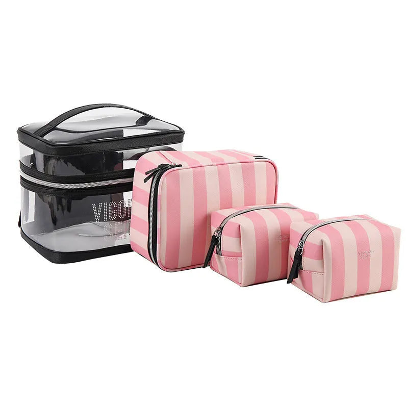 Pink bold stripes floral pattern synthetic leather makeup bag with waterproof function