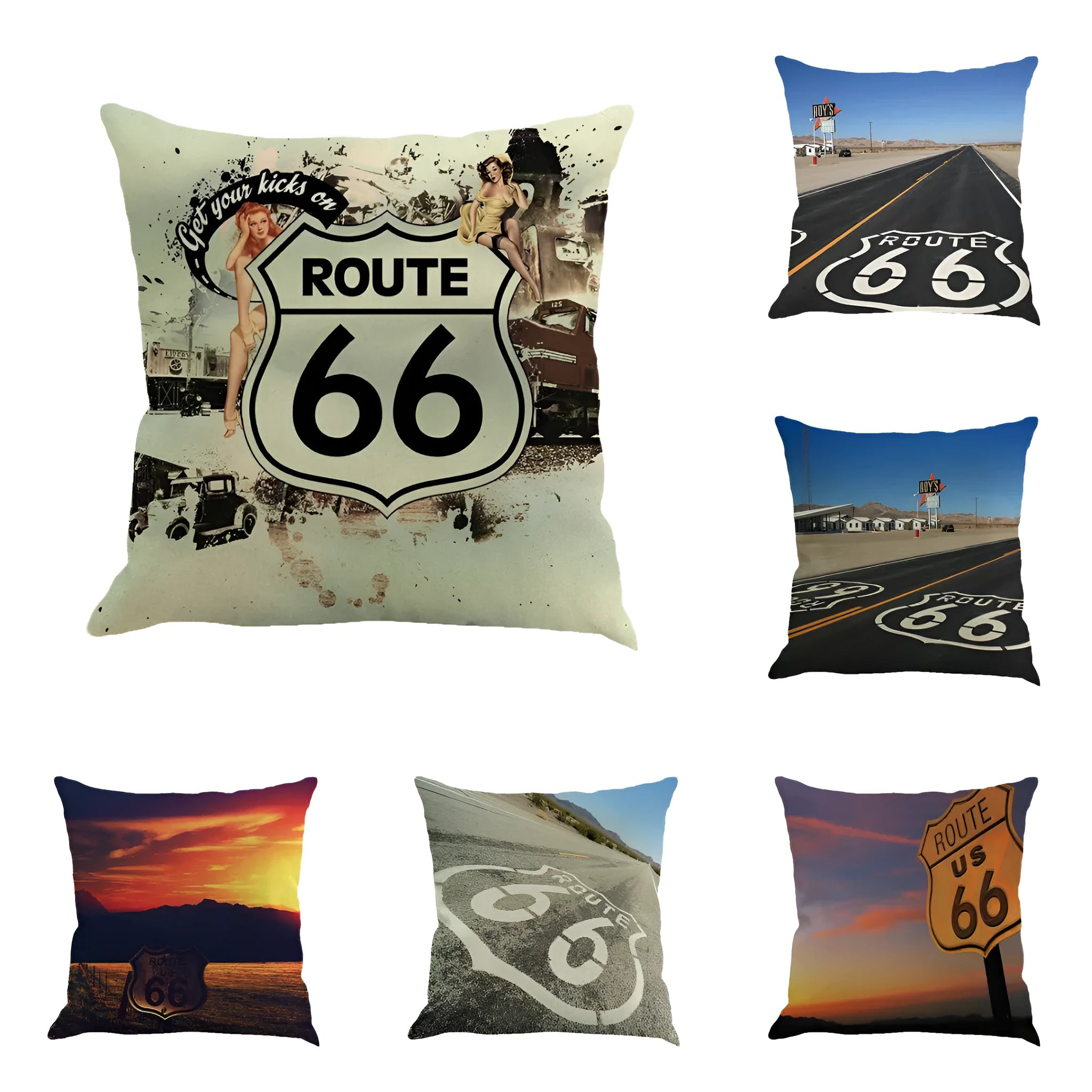 Route 66 landscape print linen cushion cover in 45x45cm size with six colour options