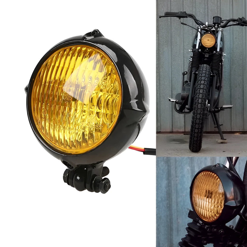 Black electroplated Harley-style halogen headlight with an 8 cm diameter lens.