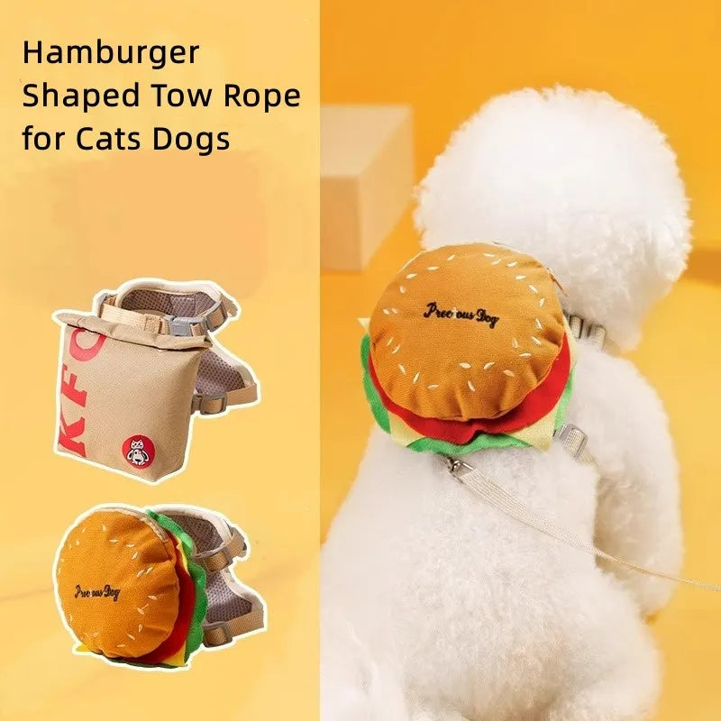 Cartoon hamburger design adjustable vest leash and harness with backpack for a dog.