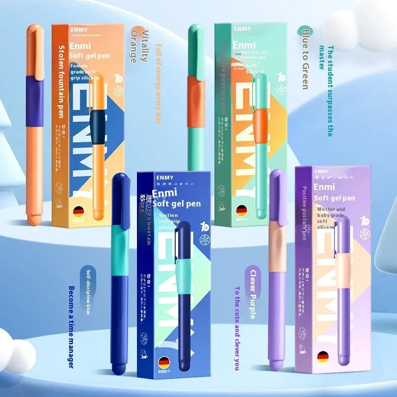 Student posture correction pen with triangular grip in blue, green, purple, and orange colours