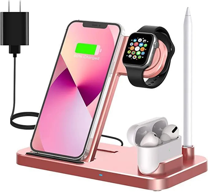 15W folding 4-in-1 wireless charger for Apple devices in vertical and flat charging positions