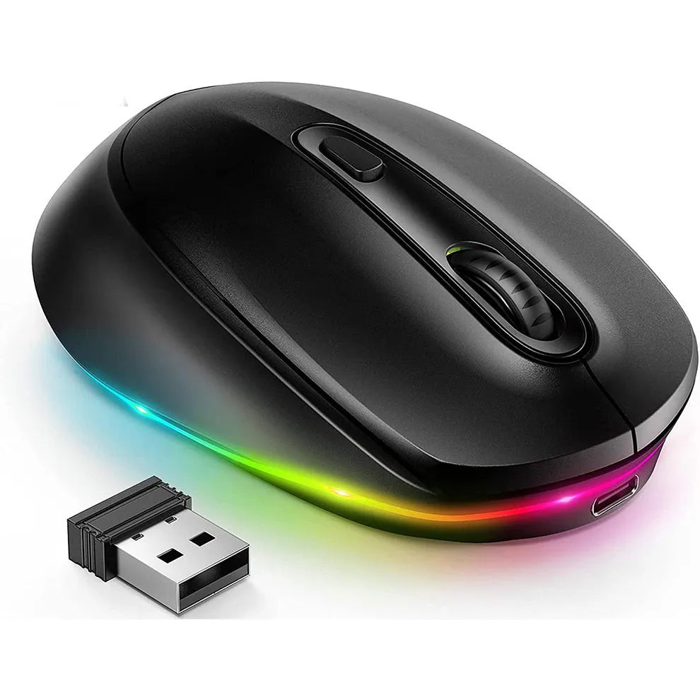 24g lightweight wireless mouse for laptops in various colours, shown with USB charging cable.