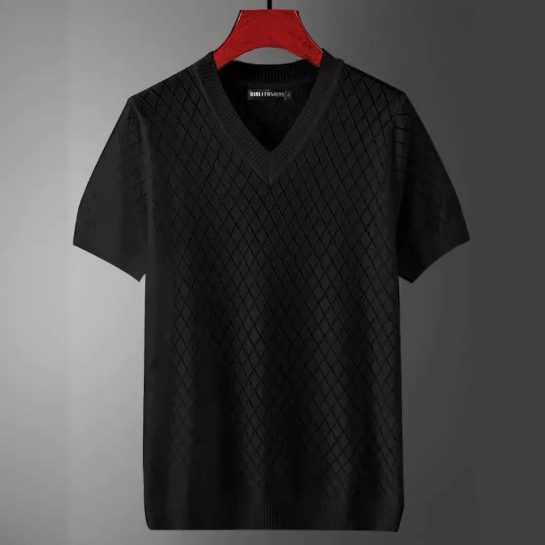 Men's black and white ice silk T-shirt with V-neck and round neck options in Korean style