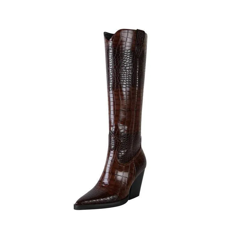 Retro pointed stone pattern chunky heel shoes in dark brown with microfiber upper and rubber sole