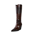 Retro pointed stone pattern chunky heel shoes in dark brown with microfiber upper and rubber sole