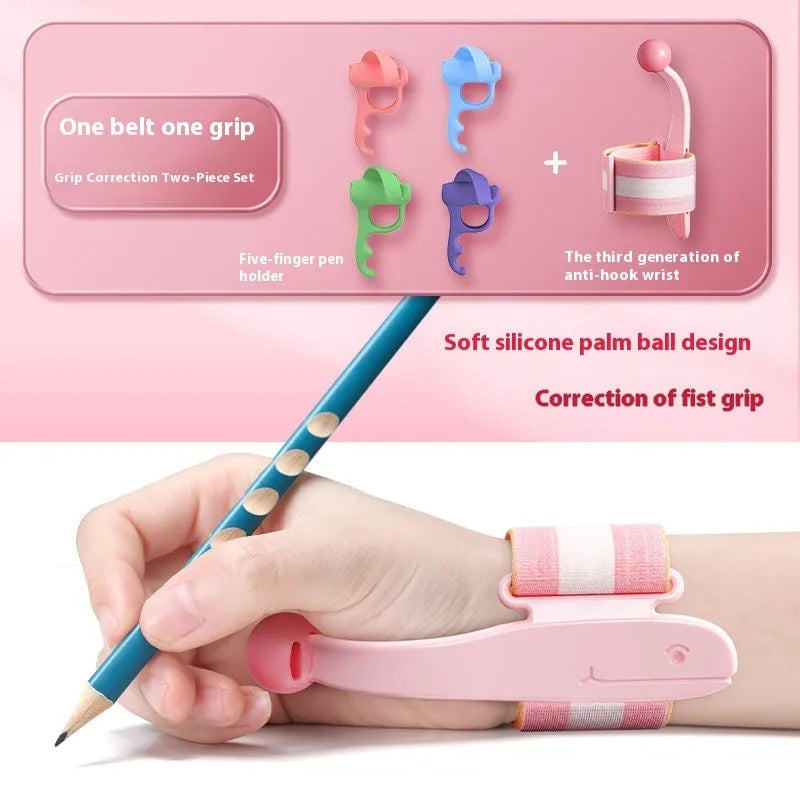 Blue Anti-hook Holder Pen Control Corrector wrist brace on a hand holding a pencil.