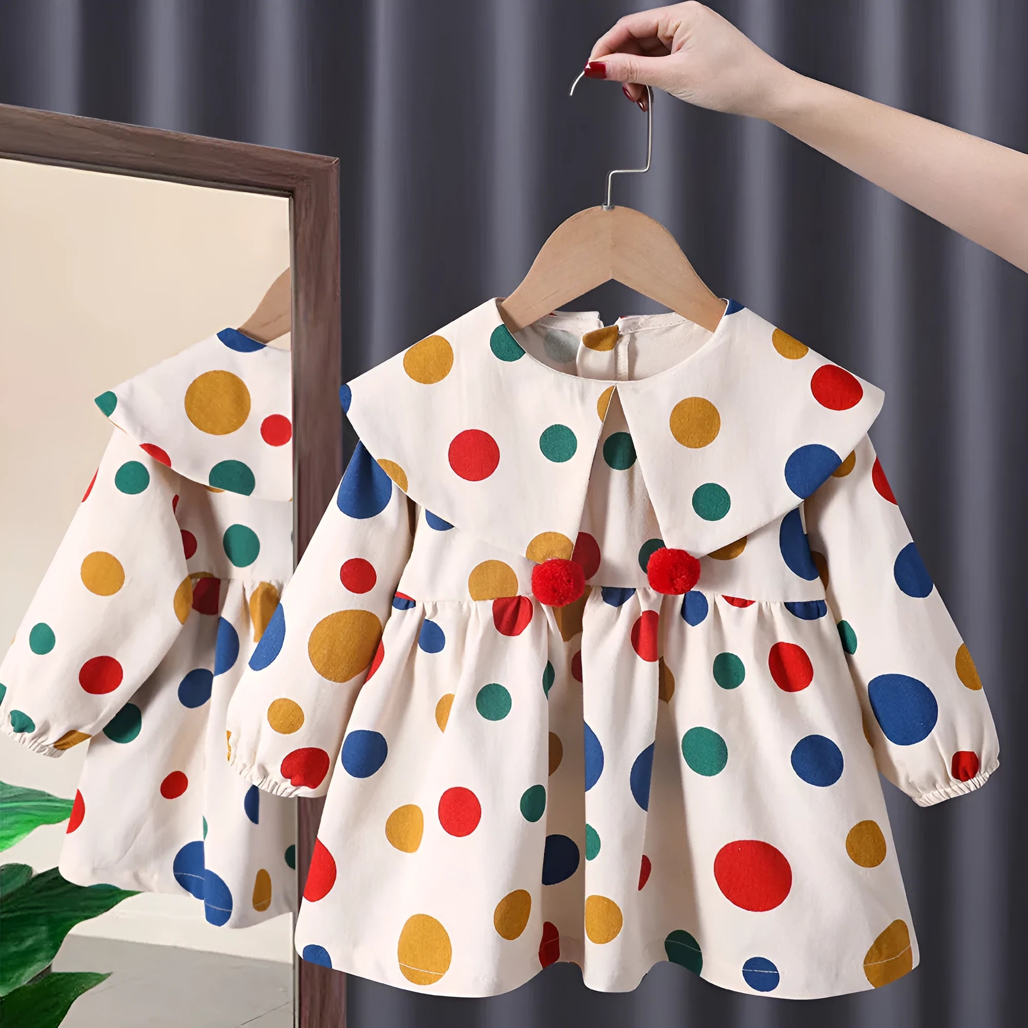 Mid-length long sleeve princess dress for girls in 2765 beige cotton fabric with princess skirt