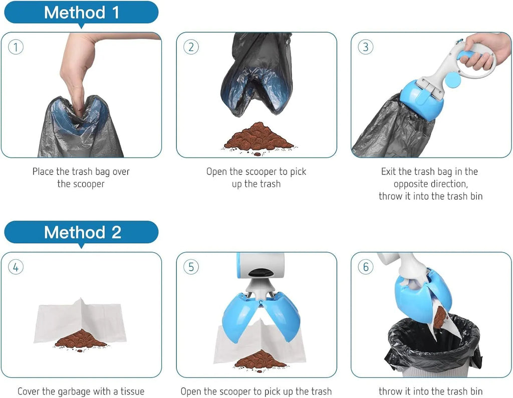 Black ABS plastic pet pooper scooper with built-in trash bag holder and top carrying hook.