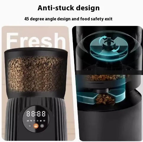 Black intelligent pet feeder with digital display and food container for automatic timed feeding