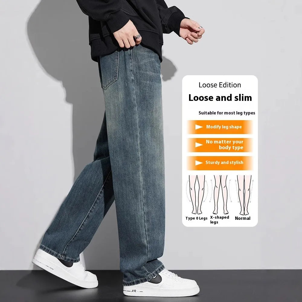 Retro nostalgic straight jeans for men in retro blue colour, cotton fabric, straight leg cut