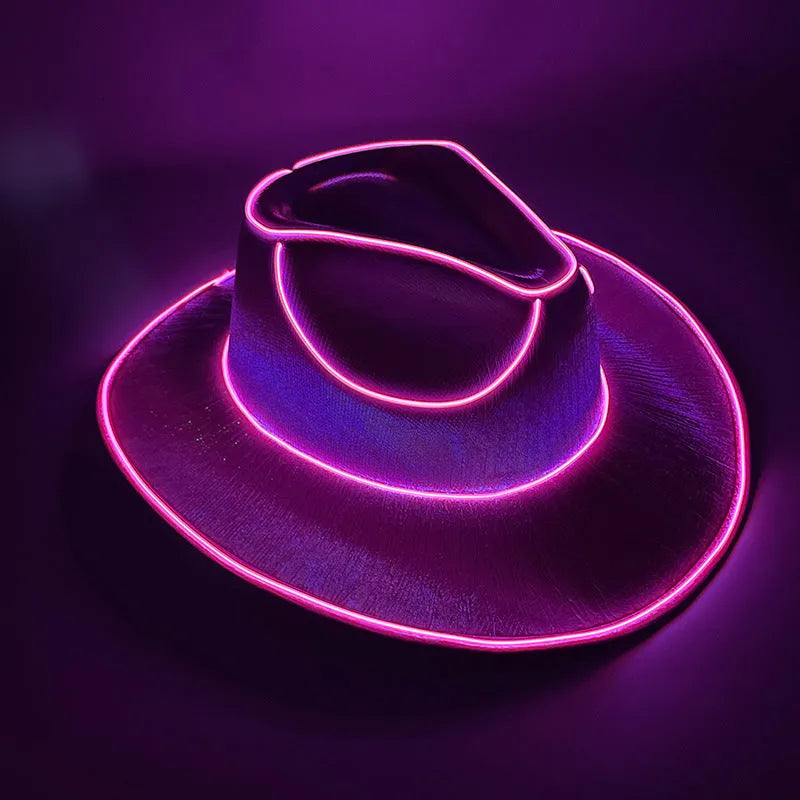 LED wireless fluorescent cowboy flashing hat in green, front view, EVA and EL wire construction, average size