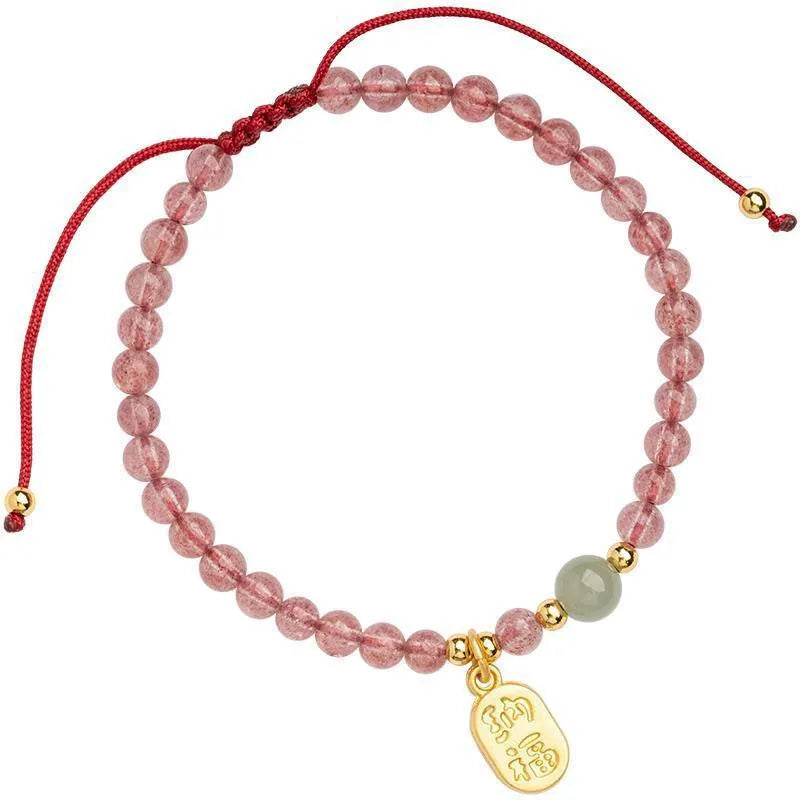 Strawberry quartz and garnet bead bracelet with hand-woven red rope in simple women's design