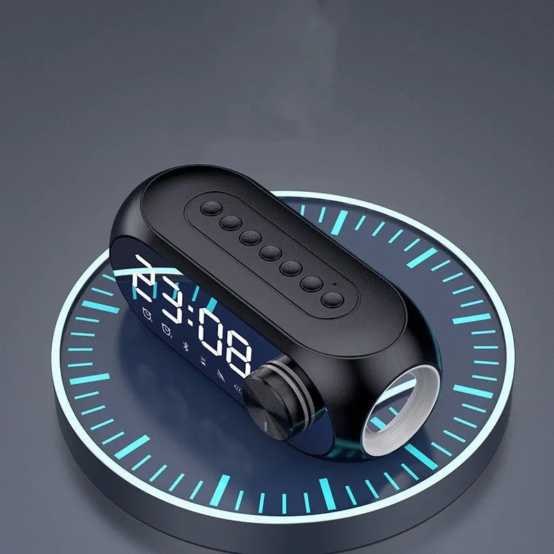 Compact USB-powered portable speaker with extra bass and digital clock display in black, white, or blue colour options.