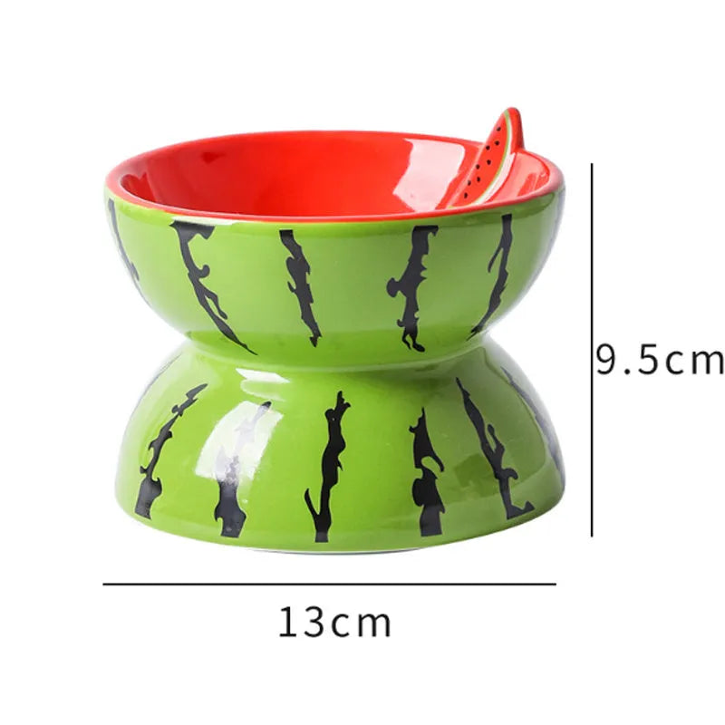 Orange patterned ceramic raised cat bowl with wide tilted dish on non-slip base.