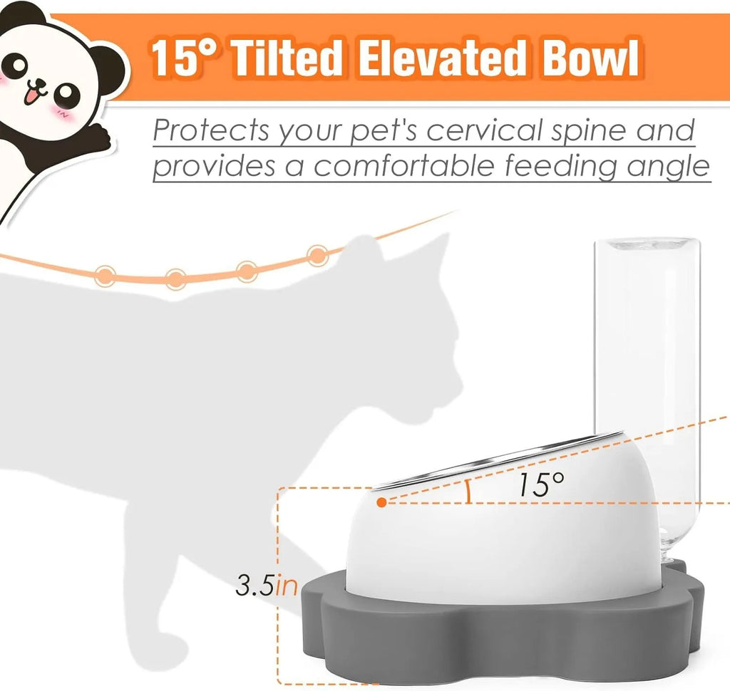 Grey panda-shaped automatic raised pet bowl set with tilted stainless steel bowls and water bottle