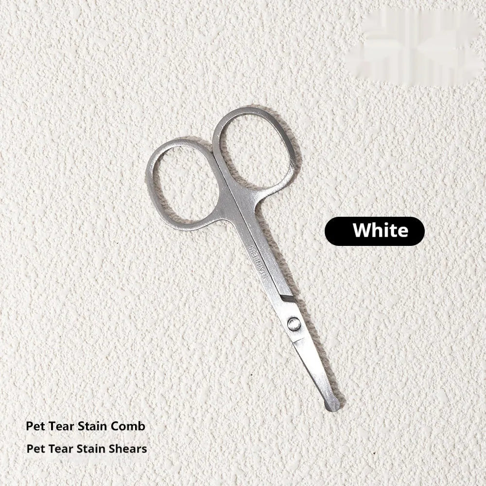 Black ABS plastic pet tear stain comb and scissors set on white background