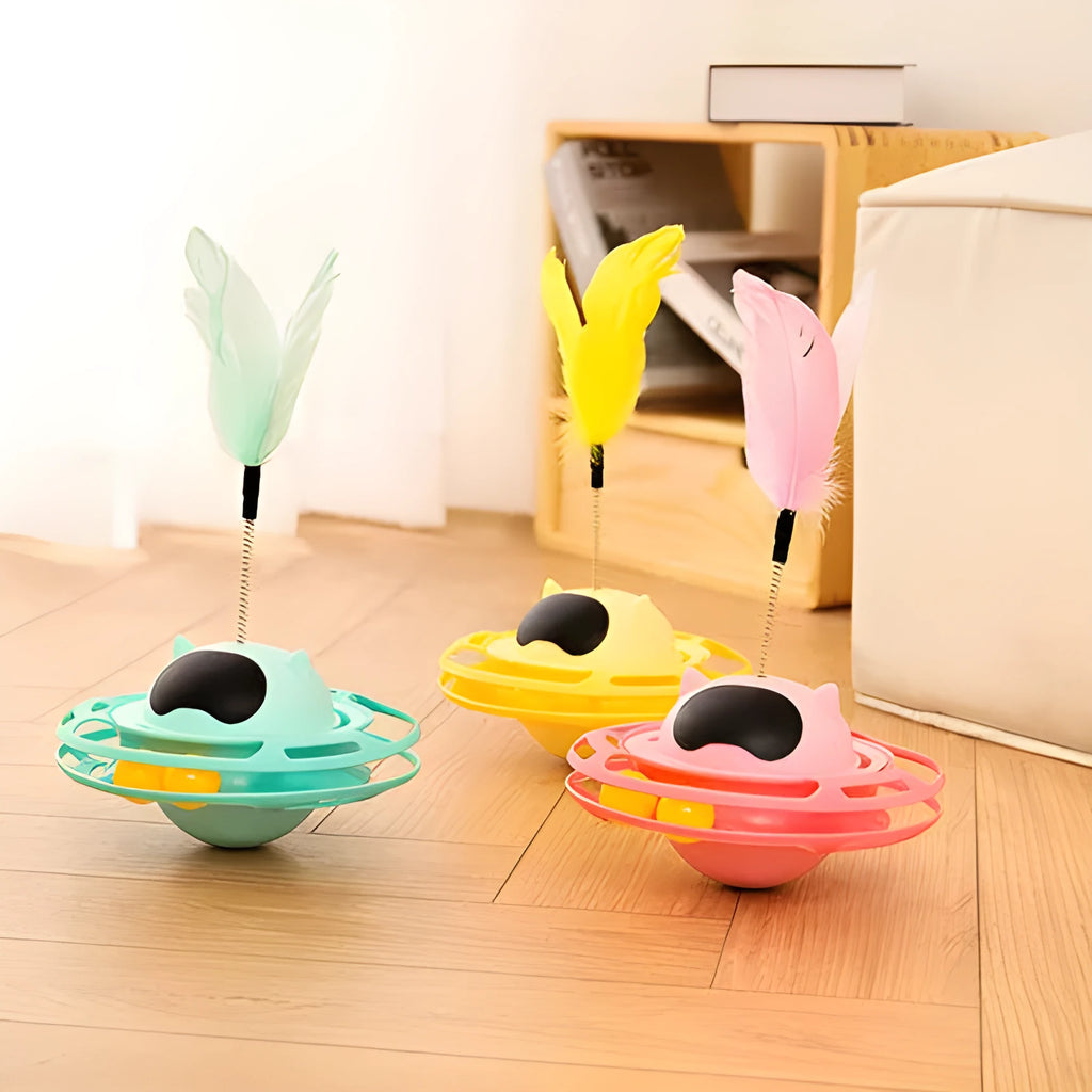 Pink self-moving cat toy with turntable base measuring 17cm by 10cm