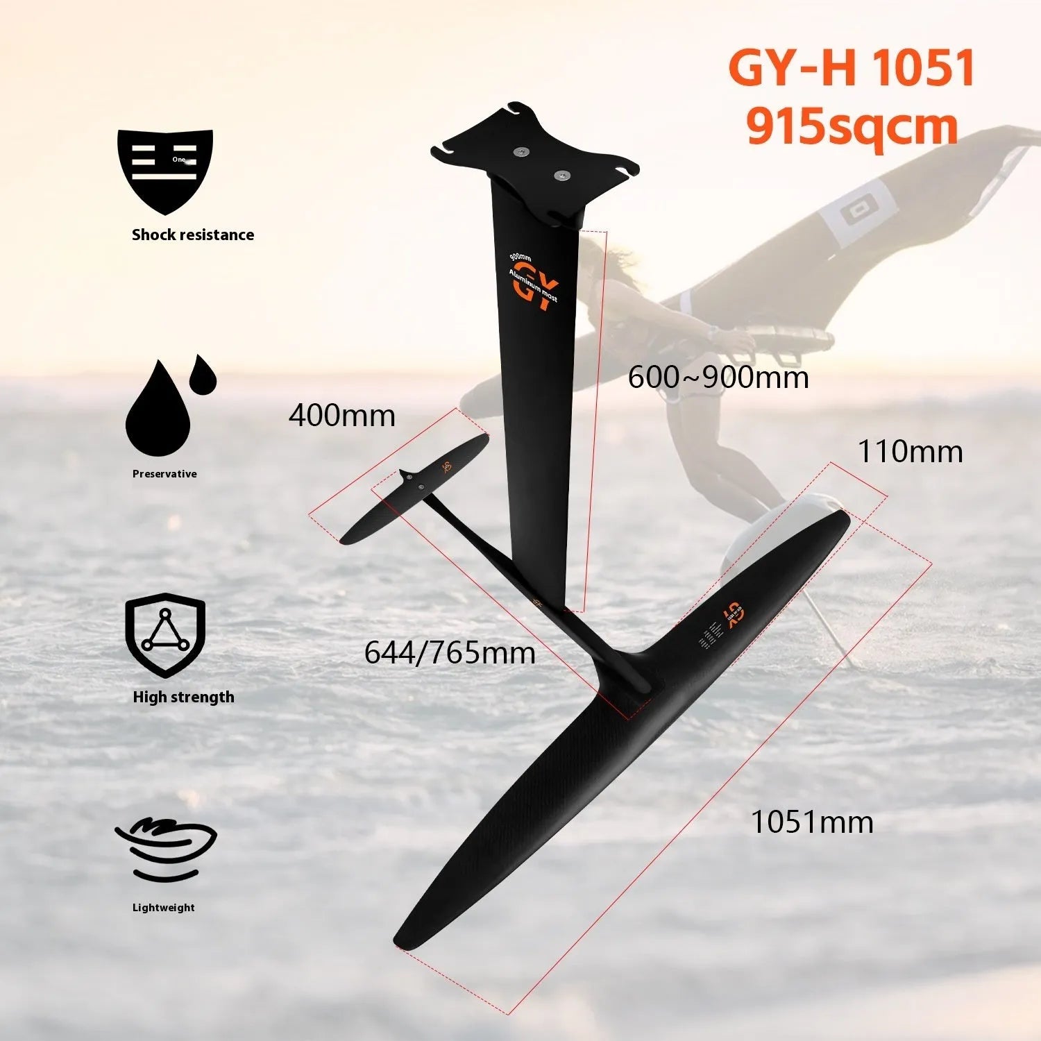 Black carbon fibre racing hydrofoil surfboard with 1051mm front wing, complete set for professional surfing