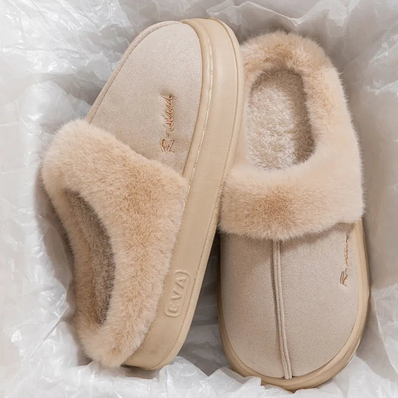 Fluffy couple slippers in pink and khaki with non-slip PVC sole and cloth upper for indoor home use