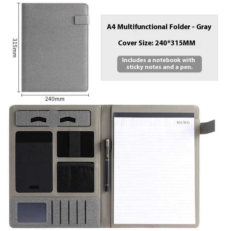 Black leather A4 business folder with 35mm gusset showing pen loop and notepad configuration