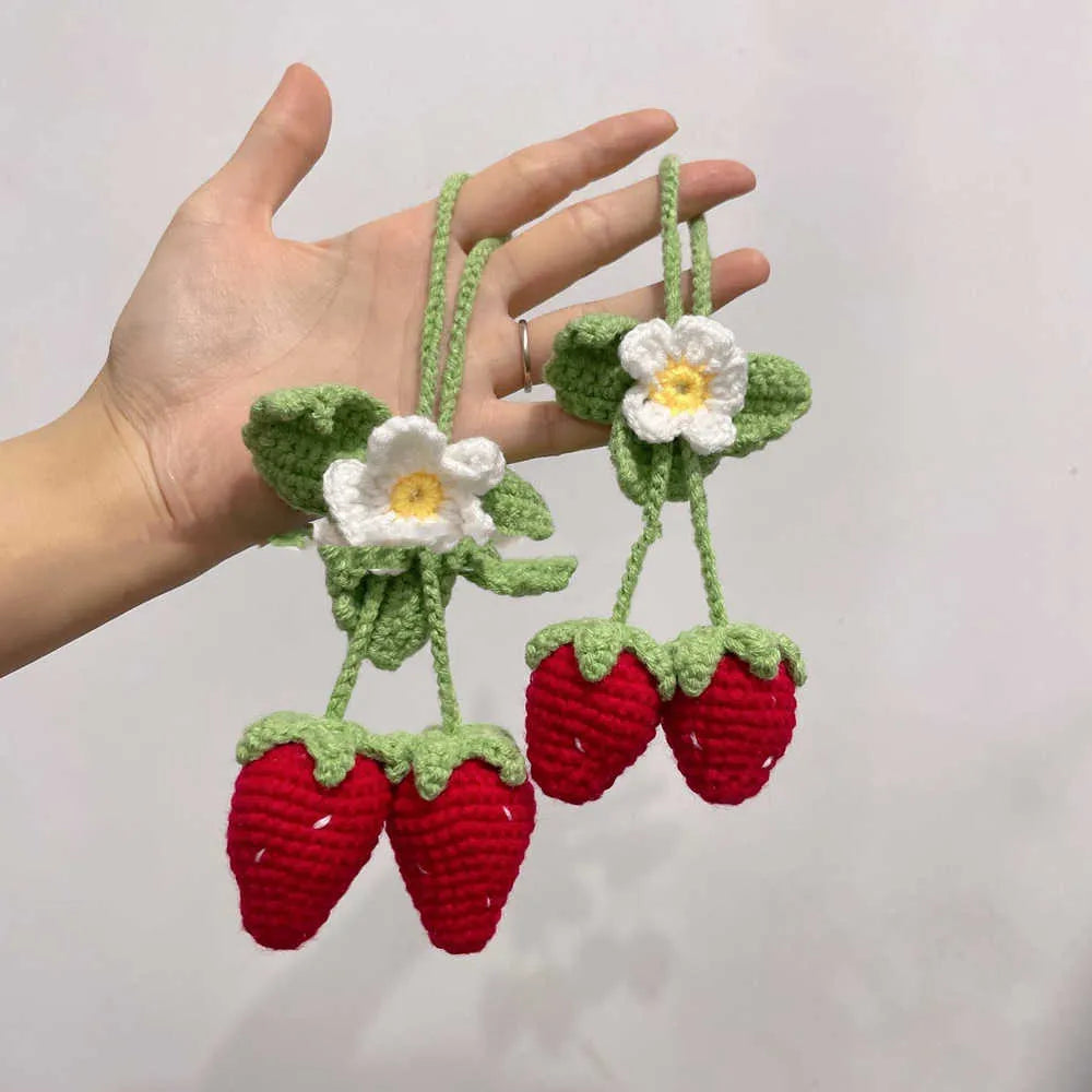 Handmade strawberry-shaped car pendant decoration made from woven cotton and hemp knitting wool
