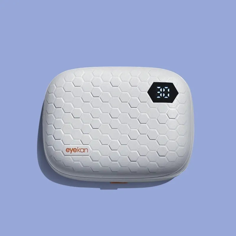 Automatic ultrasonic glasses cleaning machine in blue, a handheld plastic device for contact lenses.