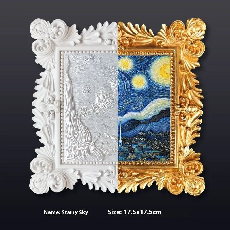 DIY oil painting kit showing Van Gogh's Starry Night reproduction on canvas with acrylic paints and wooden frame