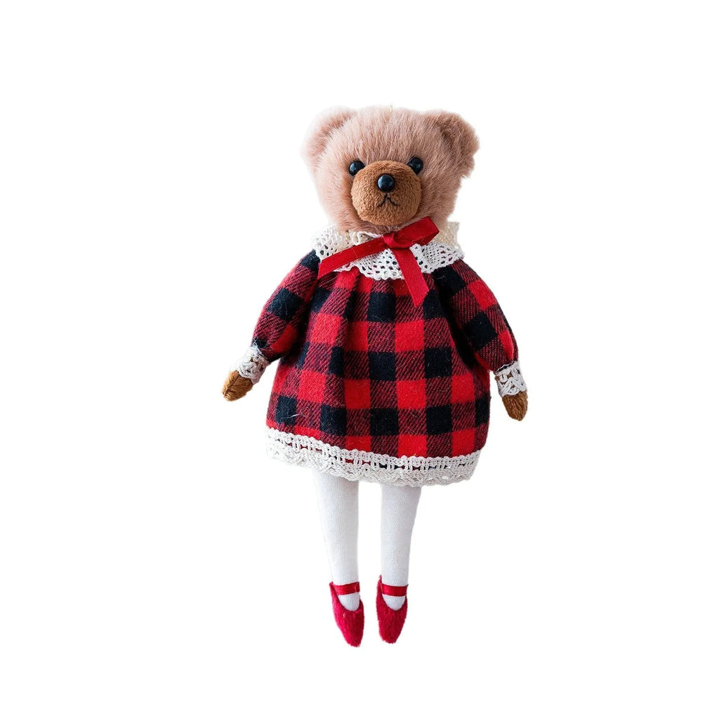 Pair of cartoon plush bear dolls, a princess and a gentleman, wearing cotton suits with a plaid tartan pattern.