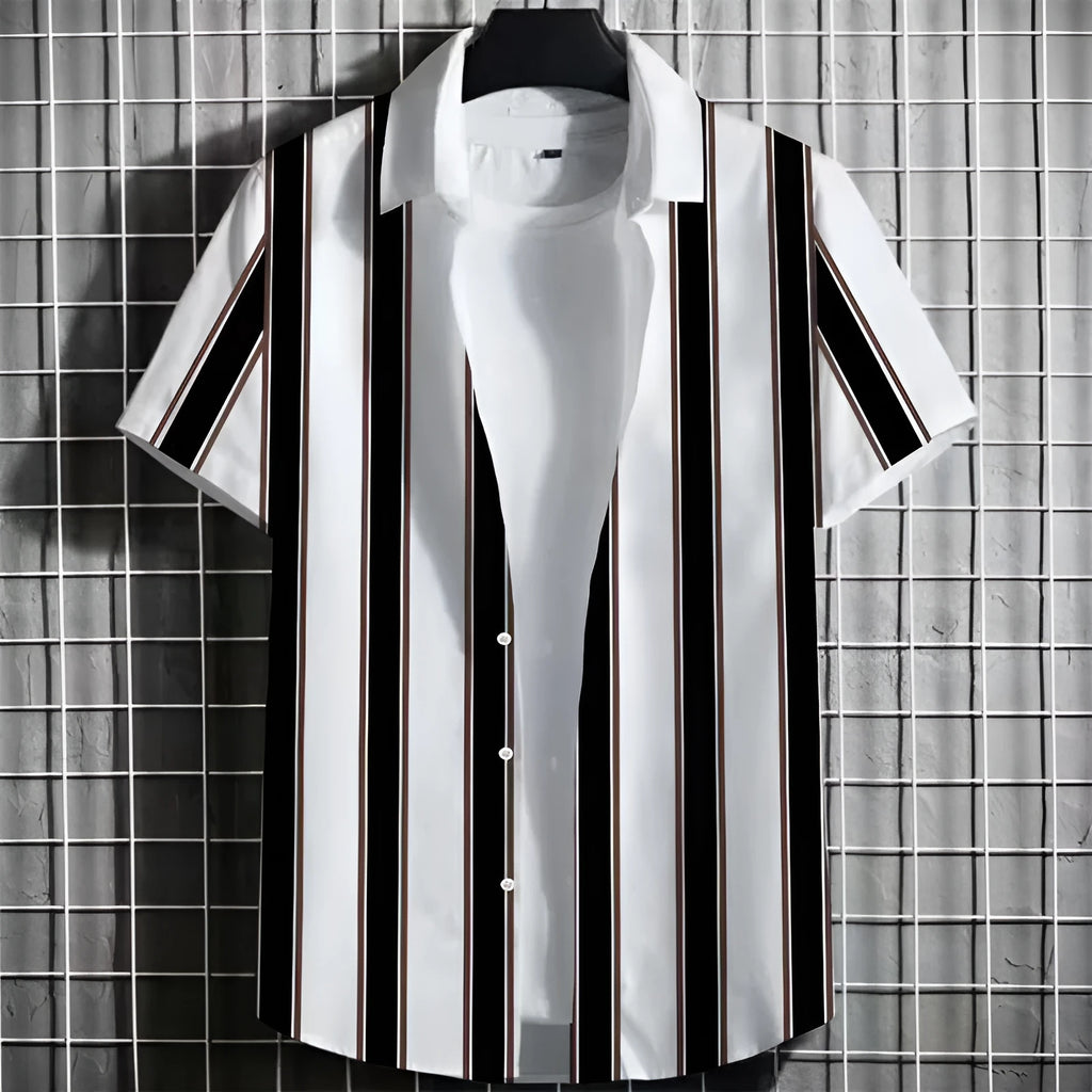 Men's linen short sleeve T-shirt with a 3D printed striped graphic design on the front.