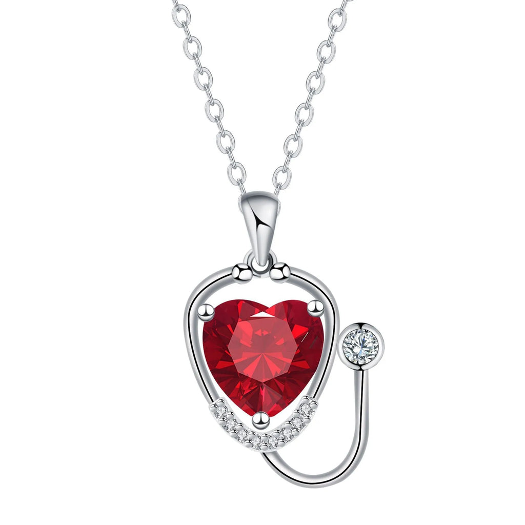 Red diamond stethoscope necklace with wings cross pendant on copper chain