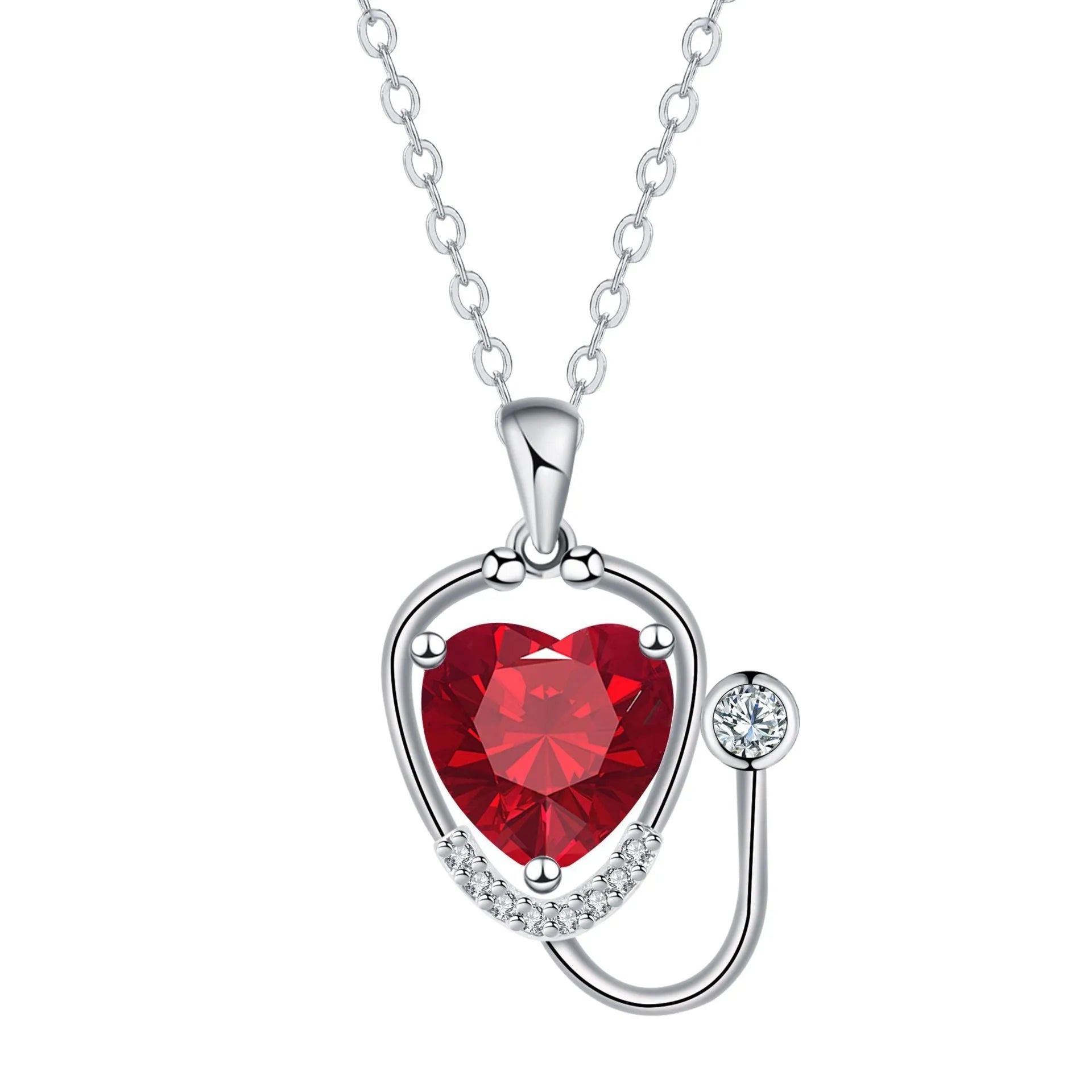 Red diamond stethoscope necklace with wings cross pendant on copper chain