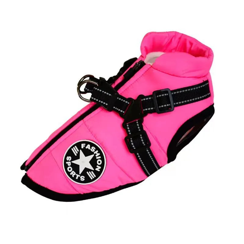 Red waterproof dog coat with an integrated harness on a dog, for winter weather.