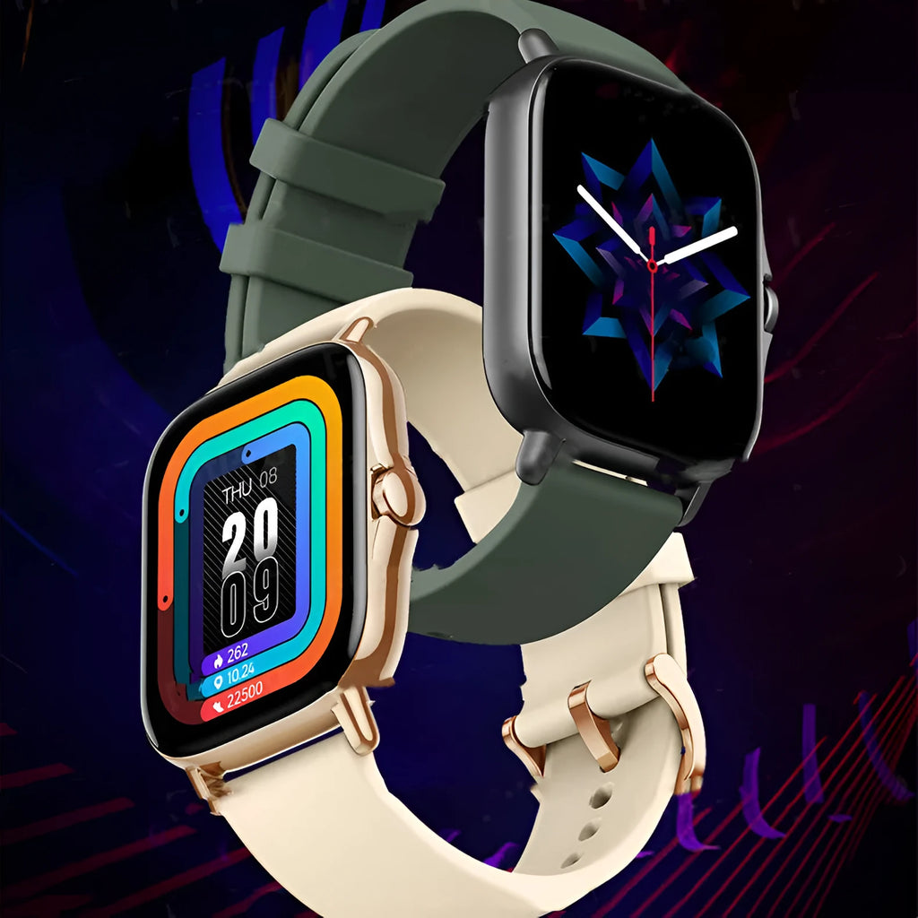 GT20 smartwatch with black alloy case and silicone band showing touch screen display
