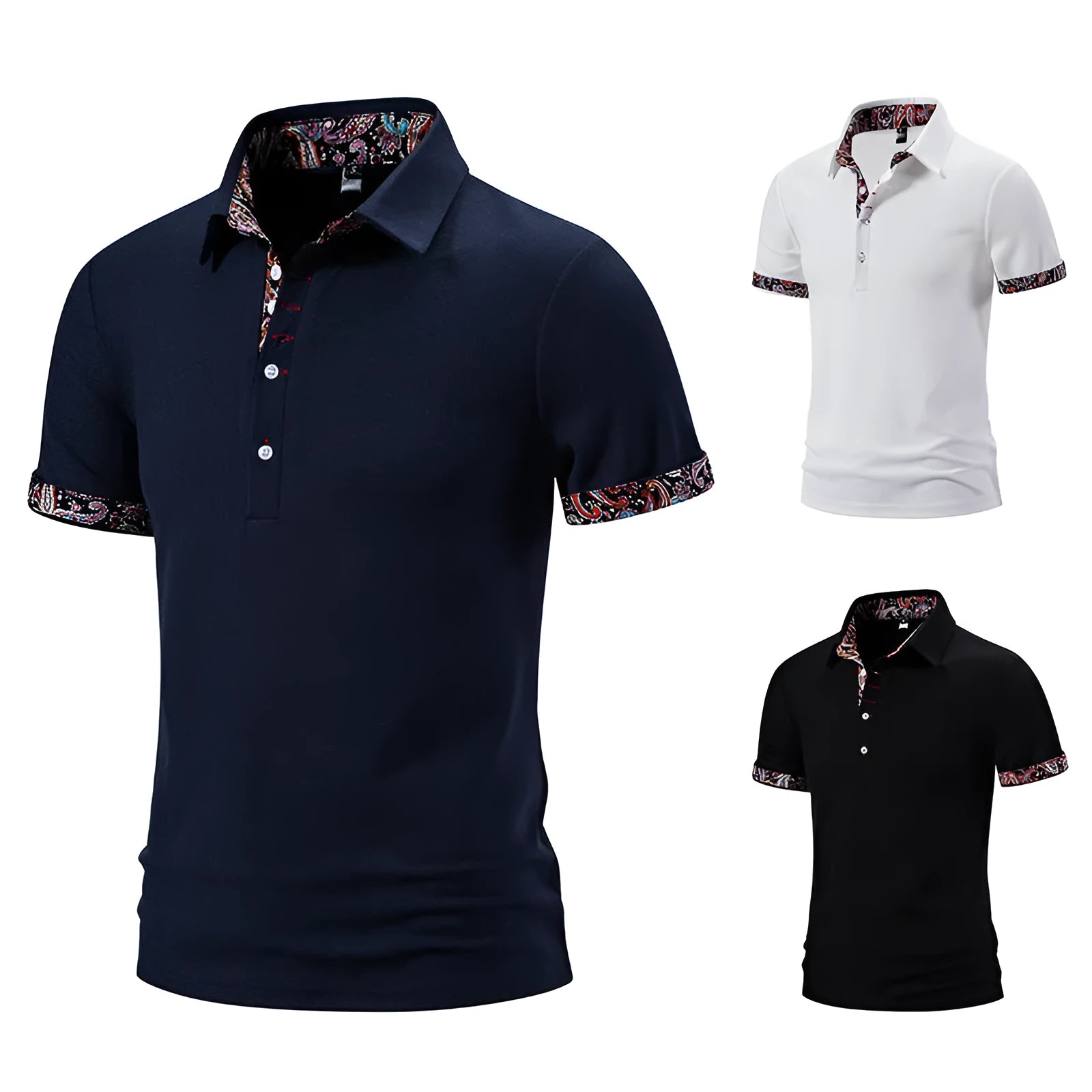 Men's navy blue polo shirt with colour stitching detail on the turnover neck and short sleeves.