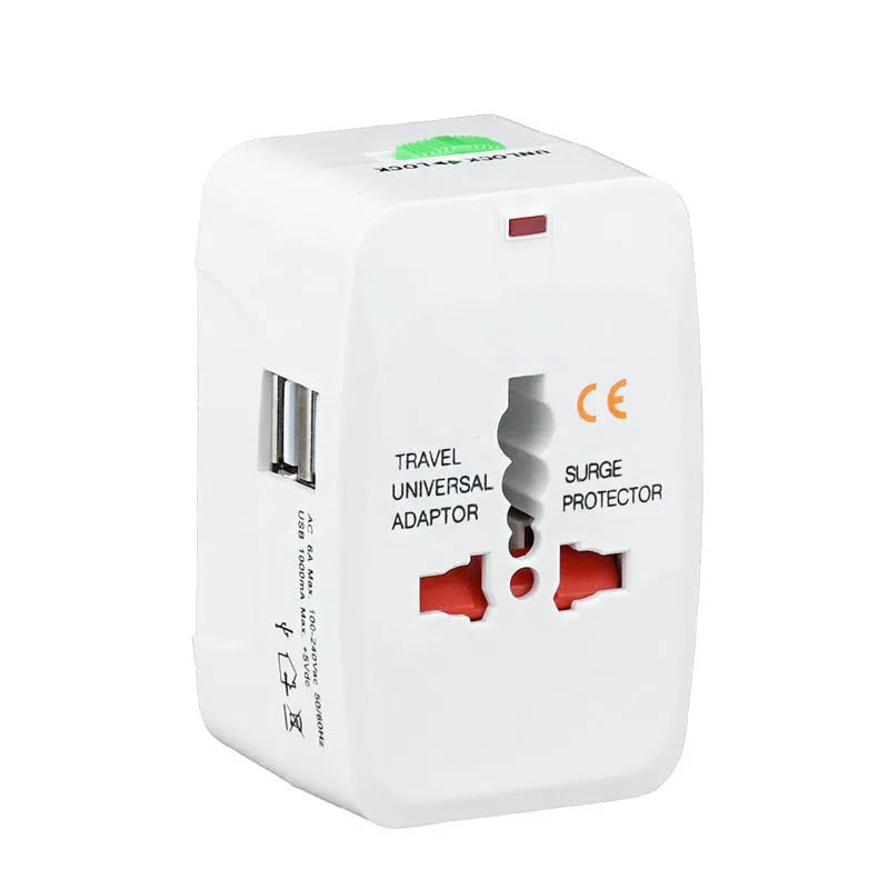 White universal travel plug adapter with two USB ports and flat-top socket showing AU, EU, US, UK plug compatibility