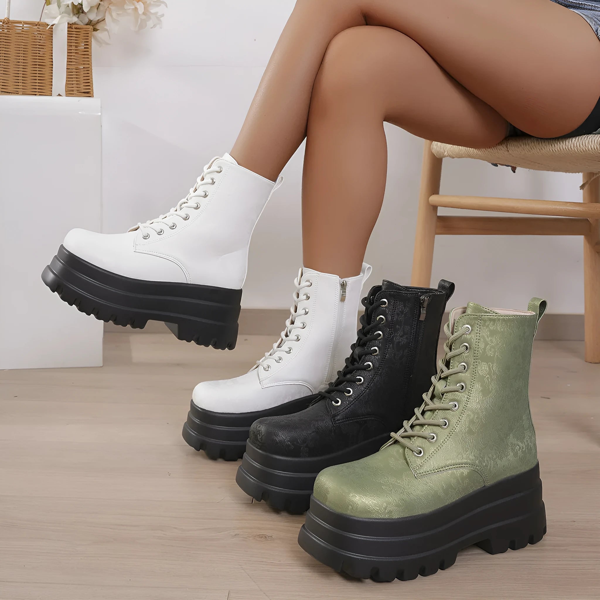 Women's white retro platform ankle boots with chunky heel and side zipper, showing round toe patchwork detail.
