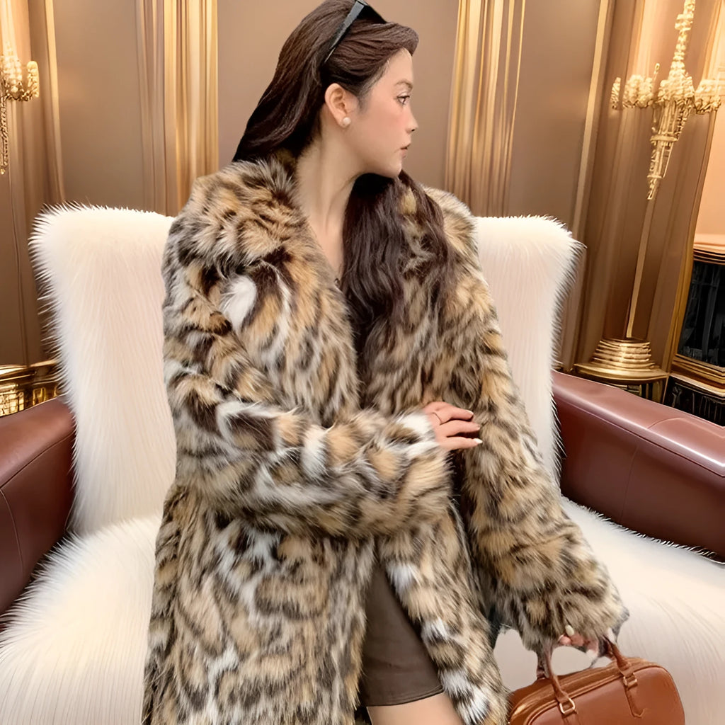 A long faux fur street fashion coat with a fur collar and pockets, shown in an urban setting.